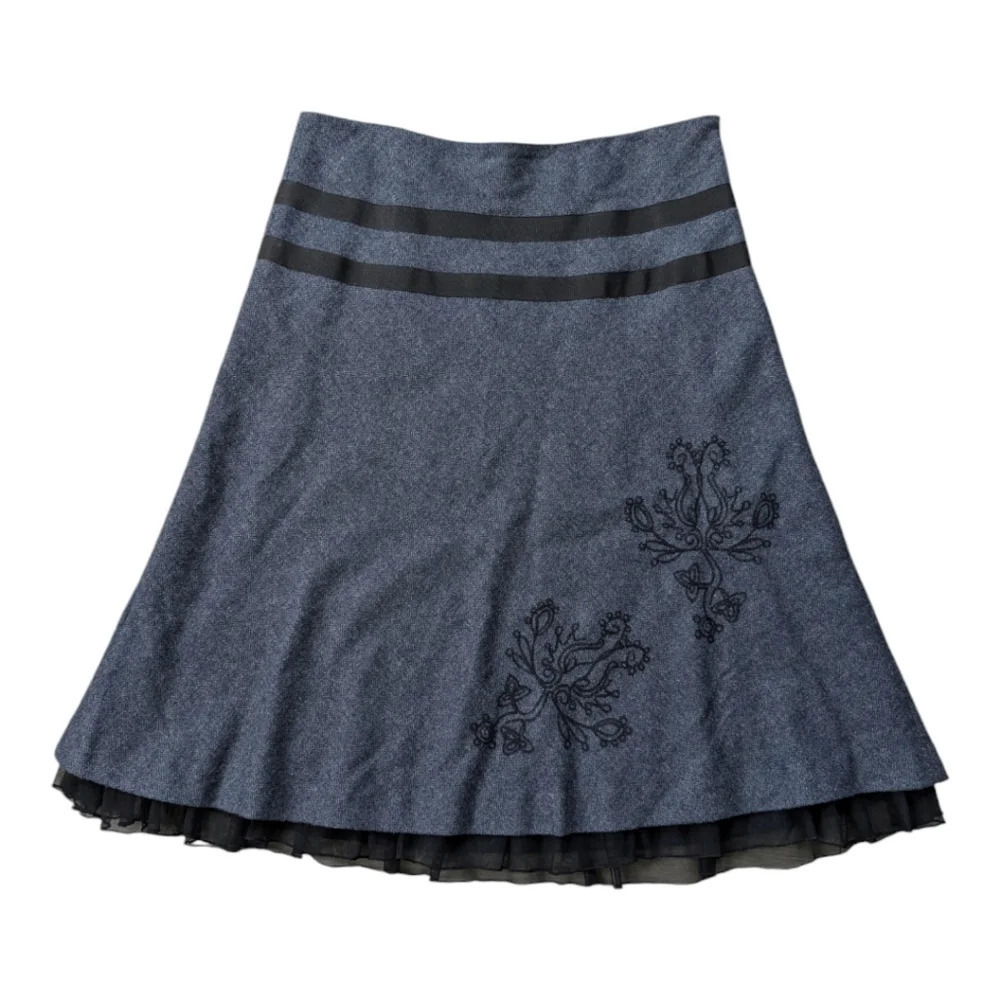 Cassis Wool Blend A-Line Full Skirt Fringe Embroidery  Gray Black 6